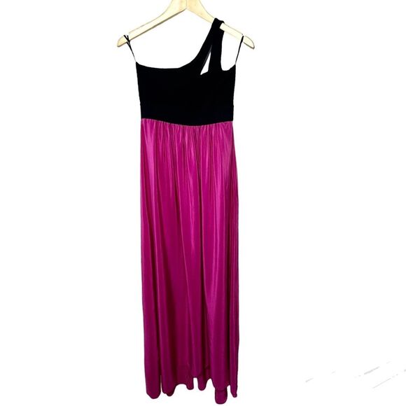 Michelle Mason One Shoulder Colorblock Silk Dress in Hot Fuchsia Pink and Black - Picture 4 of 13